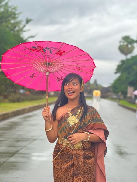 wearing khmer traditional clothes at angkor wat